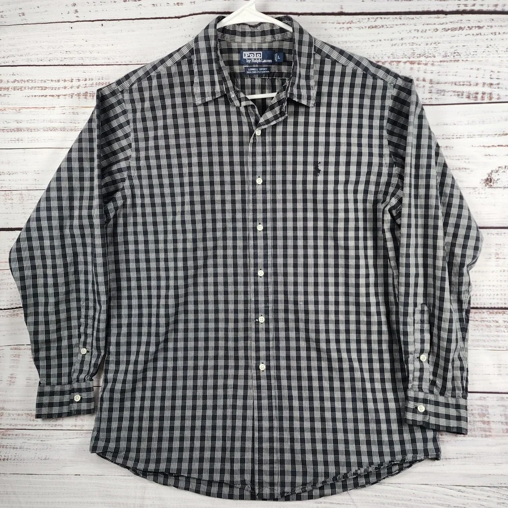 Polo Ralph Lauren Lowell Sport‎ Shirt Large Regular Black White Plaid Cotton LS
